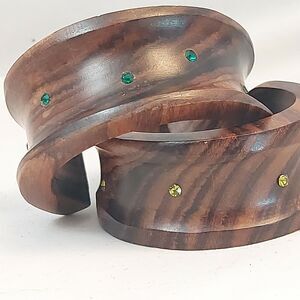 Vintage Wooden Napkin Rings Open Back Hand Made embellished Set of 2 Signed M